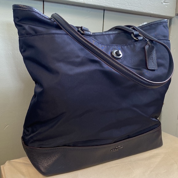 Coach Nylon & Leather Large Tote In Midnight Blue - Picture 3 of 17